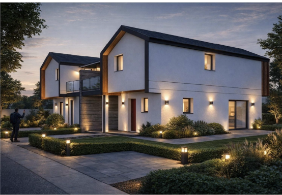 Modern two-story house with landscaped garden and outdoor lighting at dusk.